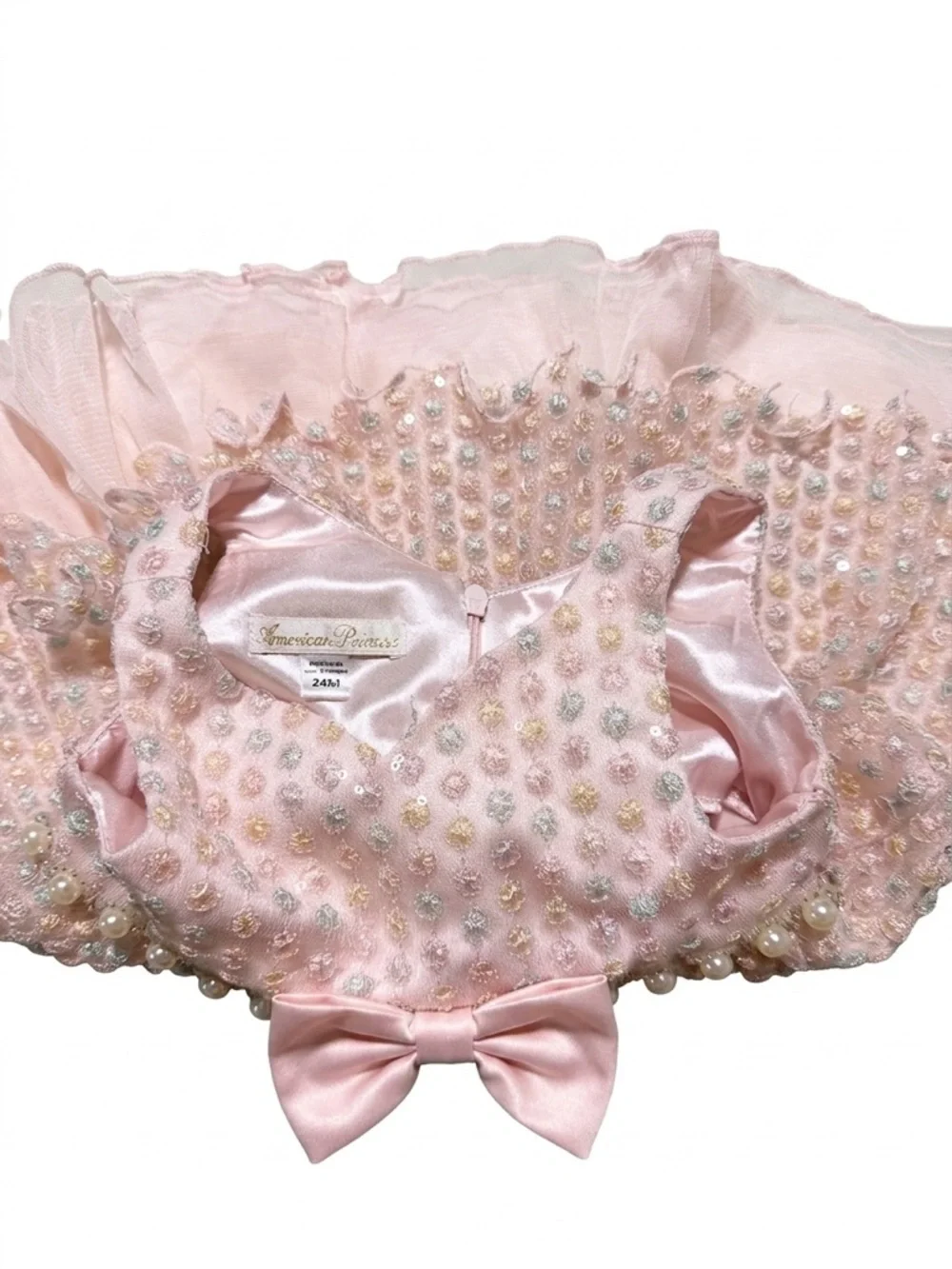 :
Pink Baby Girl Party Dress 24M | Sparkly Tulle Dress with Bow & Pearls - Picture 2 of 3
